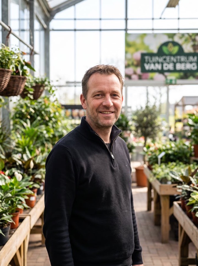 A second-generation garden centre owner standing in his family greenhouse store