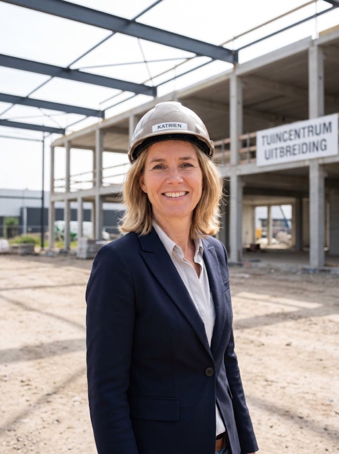 An owner-entrepreneur wearing a hard hat at the construction site of her garden centre expansion