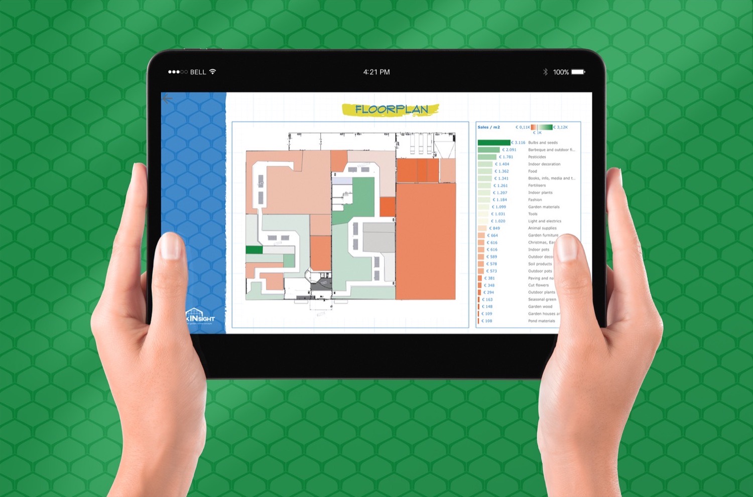 Floorplan heatmap dashboard showing sales per square metre for every department