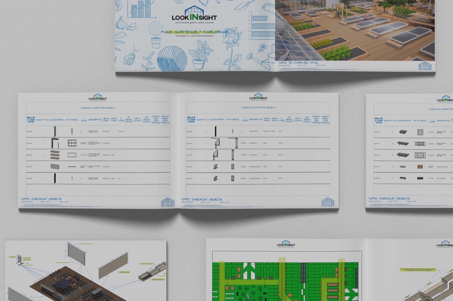 Pages of a lookINsight BuildPack for Mauk Gartenwelt Karlsruhe: 3D overview, shopfitting checklists and technical drawings
