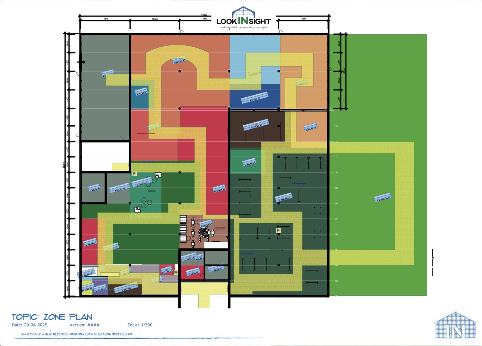 Zone plan of a garden centre: the whole floor colour-coded per product group, outdoor area included, with the surface in m² labelled on every zone