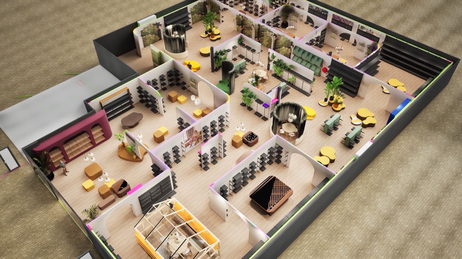 Hogewoning showroom: dollhouse render of the brand rooms