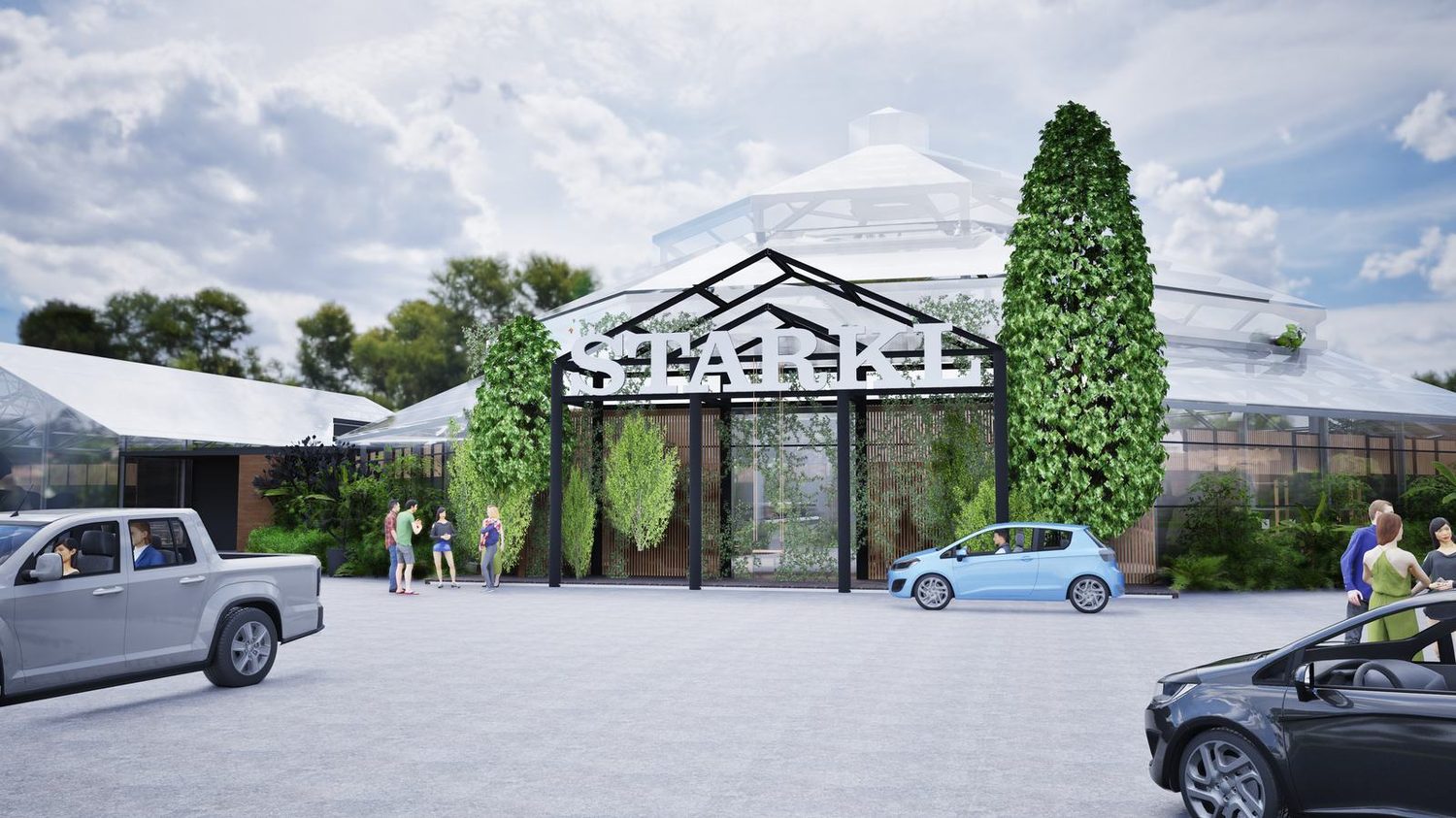 STARKL Aschbach: het entreeportaal met de naam boven een glazen poort