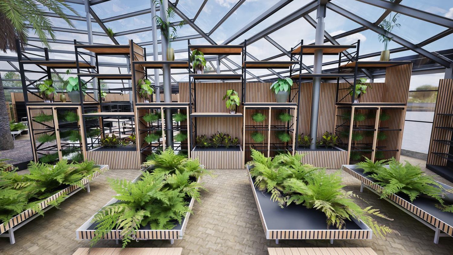STARKL Aschbach: het Palmenhaus van binnen, met palmen onder het glazen dak
