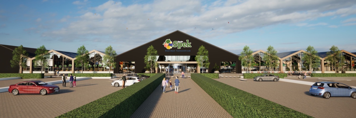 Van der Spek: render of the new facade with shoppers arriving