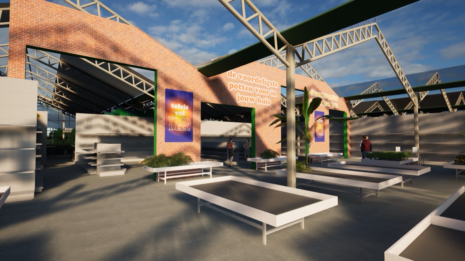 Van der Spek: interior render with brick wall and department signage