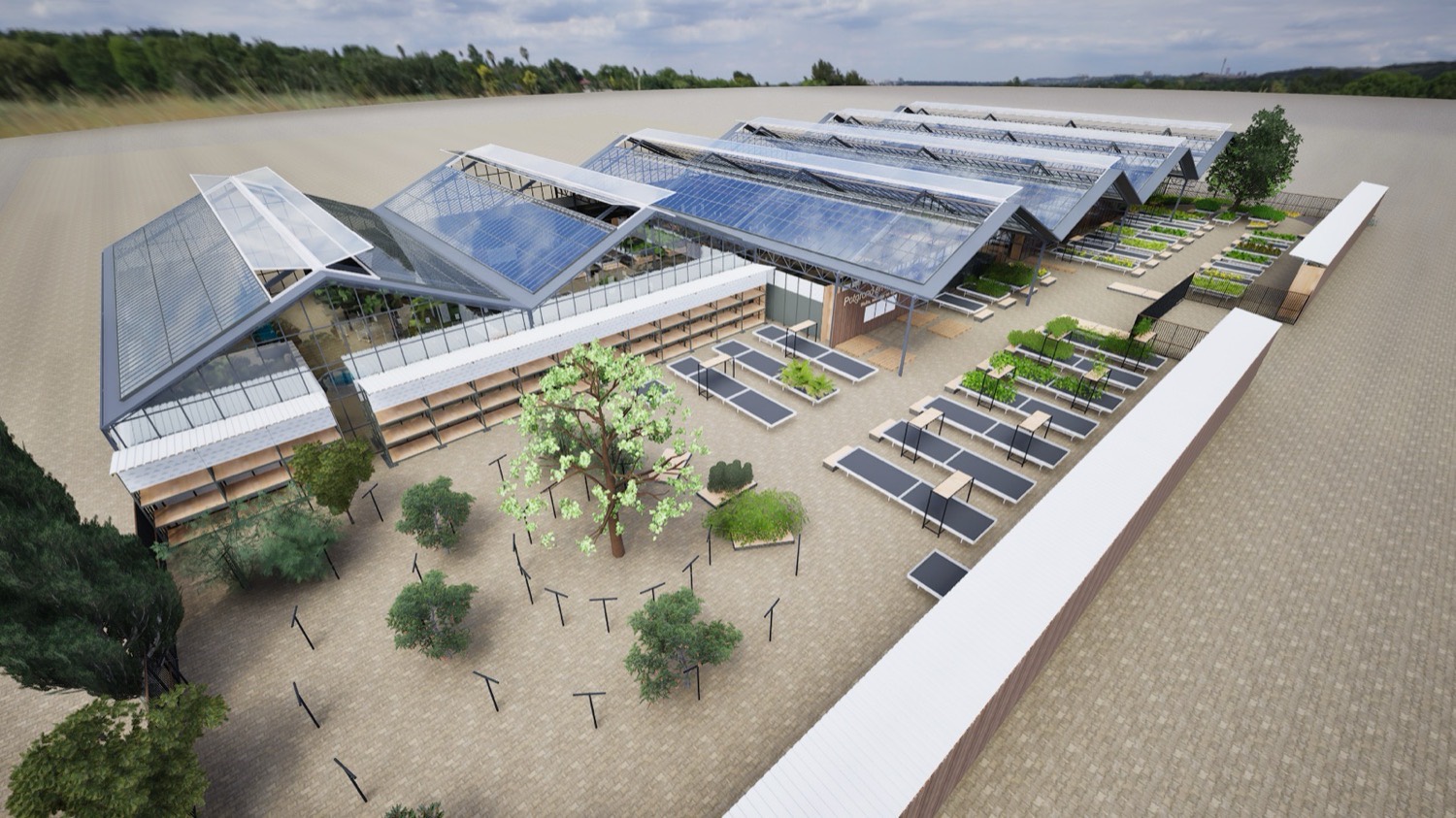 Tuinwereld Wijchen: aerial render with sawtooth greenhouse roofs